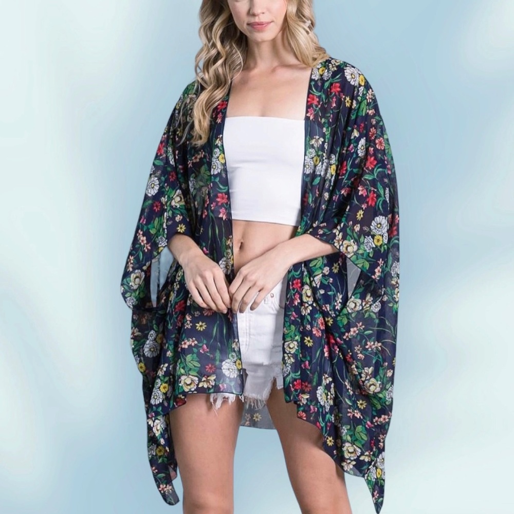 CY Fashion Boutique Navy Floral Garden Chiffon Kimono Cardigan Women’s Plus 1X